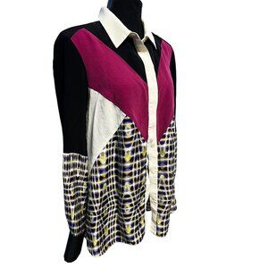 RACHEL ROY Silk Button-Down Shirt Women Large Geometric Print  Colorblock Office